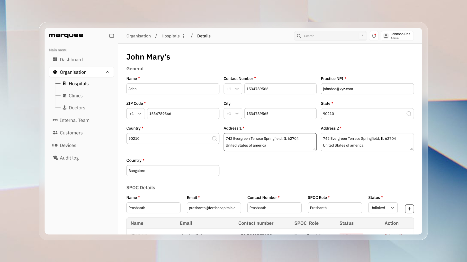 Hospital details form for managing organization information and points of contact