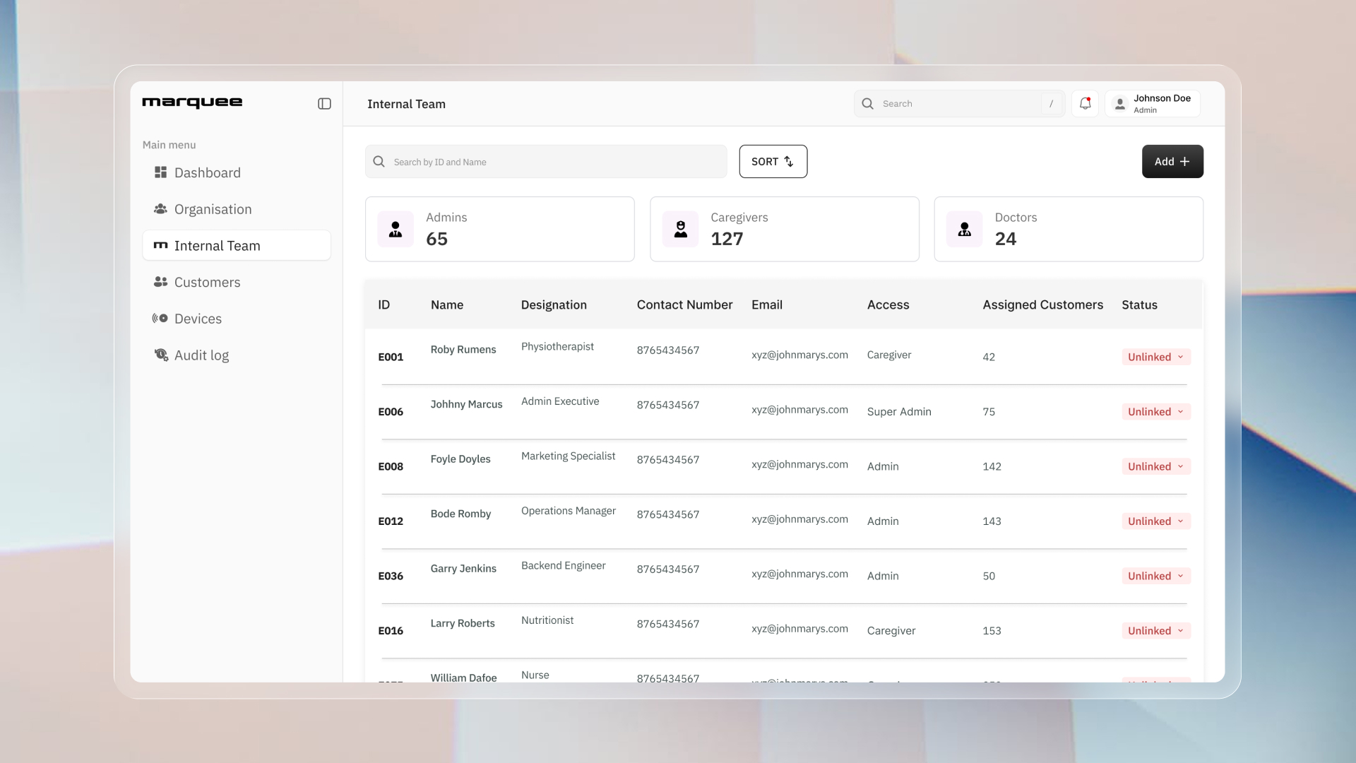 Internal team administration table with role counts, access levels, assignments, and status controls