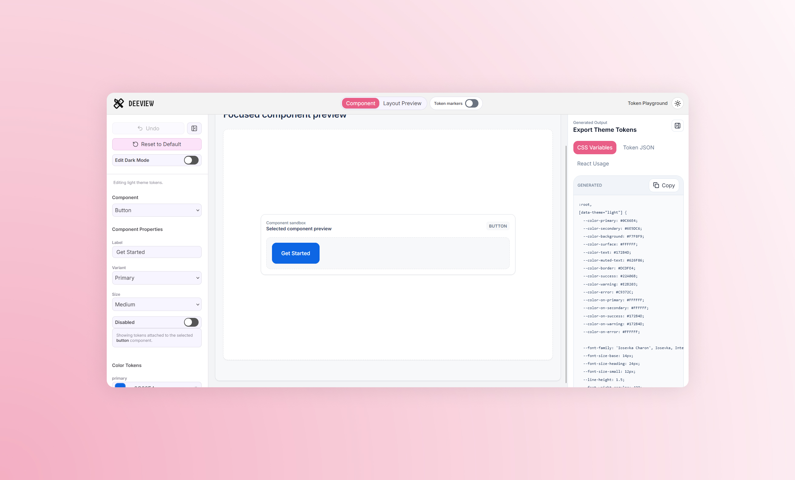 Deeview token editor, live preview, and generated output workspace