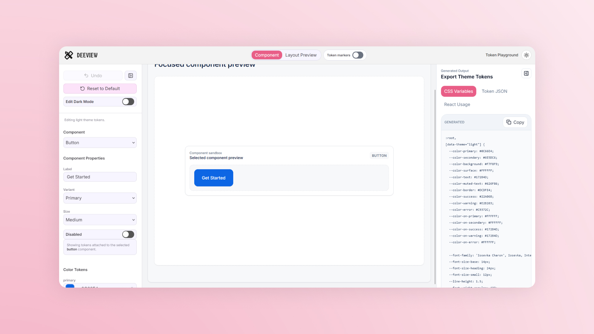 Deeview editor with token controls, focused component preview, and generated code output