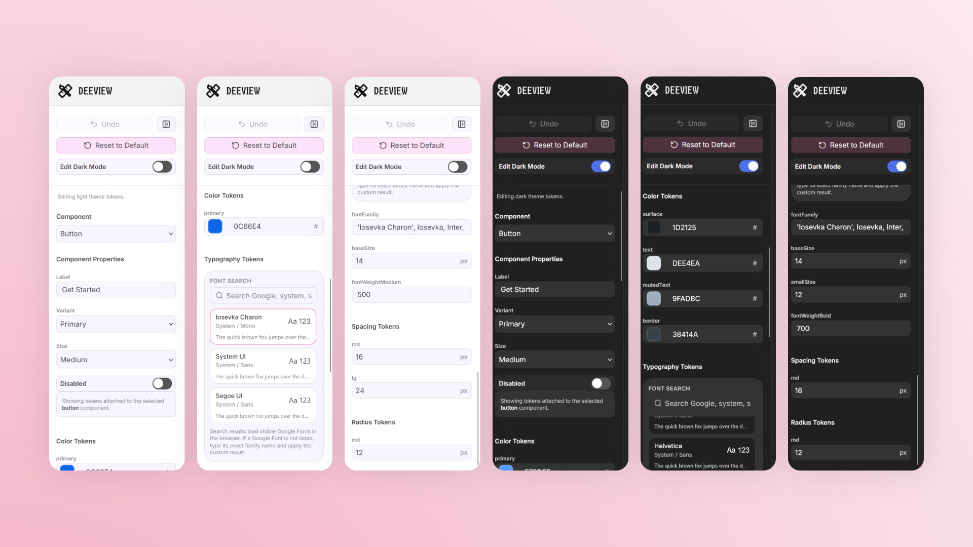 Deeview light and dark token configuration panels shown side by side