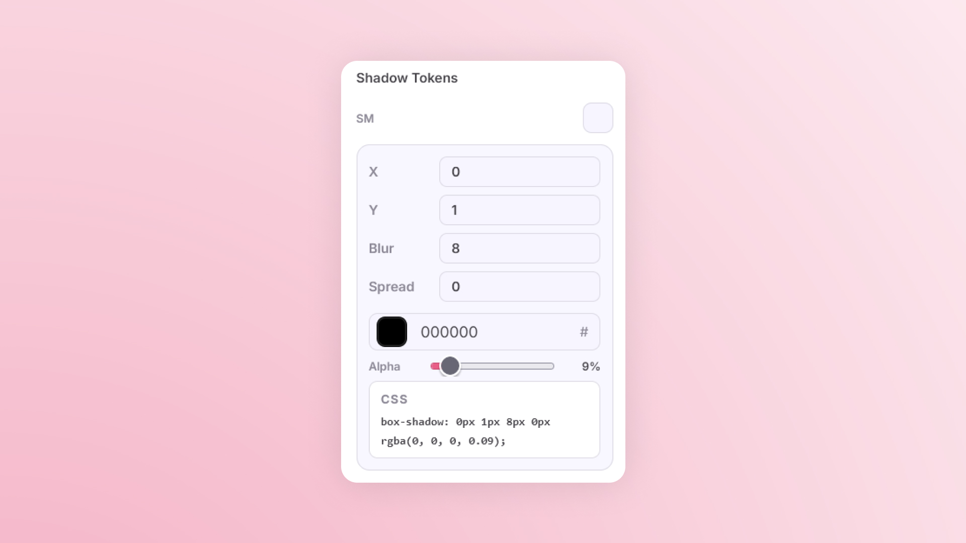 Deeview shadow token editor with position, blur, spread, color, and alpha controls