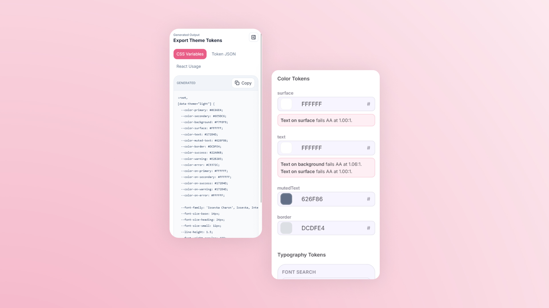 Deeview generated token output beside accessibility warnings and token controls