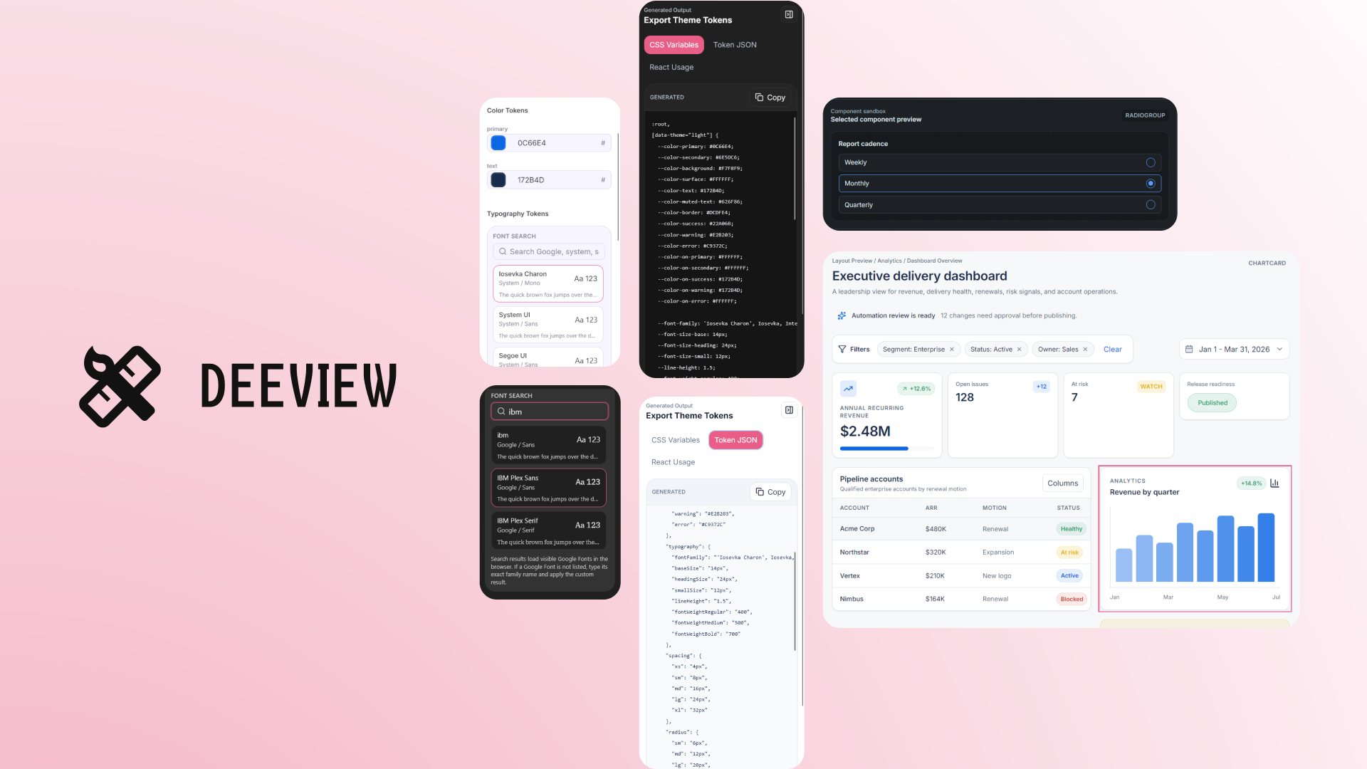 Deeview token editing, generated output, component preview, and dashboard workspace