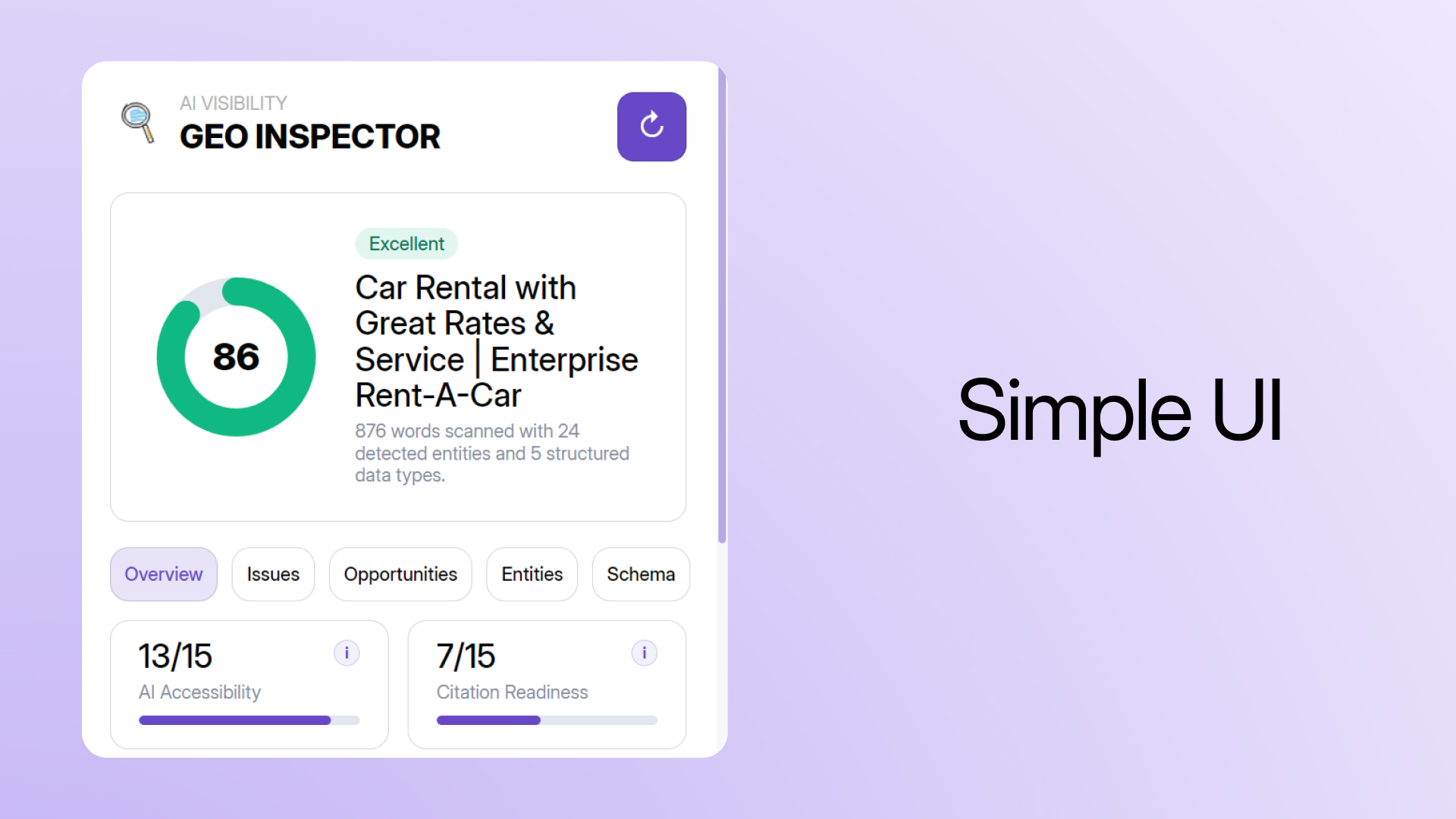 GEO Inspector overview interface with scoring and report tabs