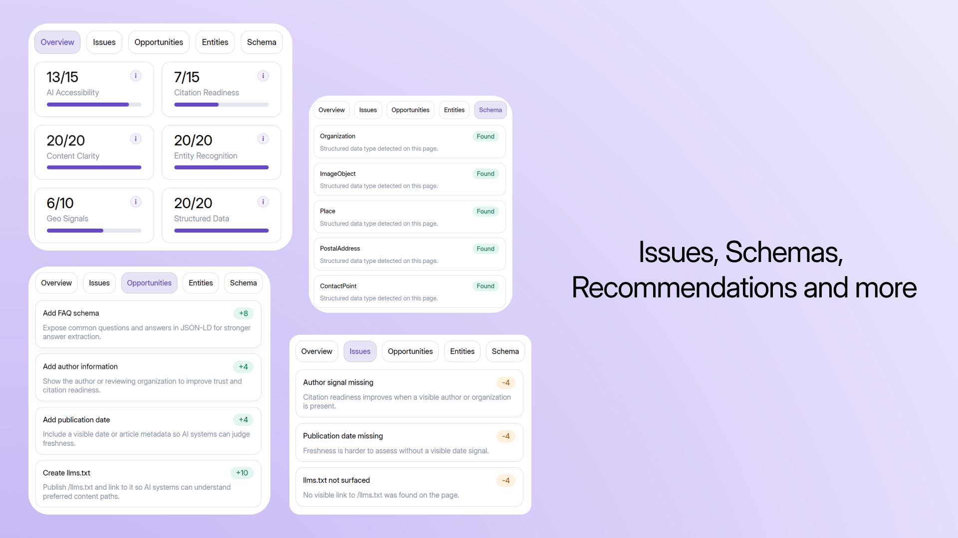 GEO Inspector overview, opportunities, schema, and issue report views
