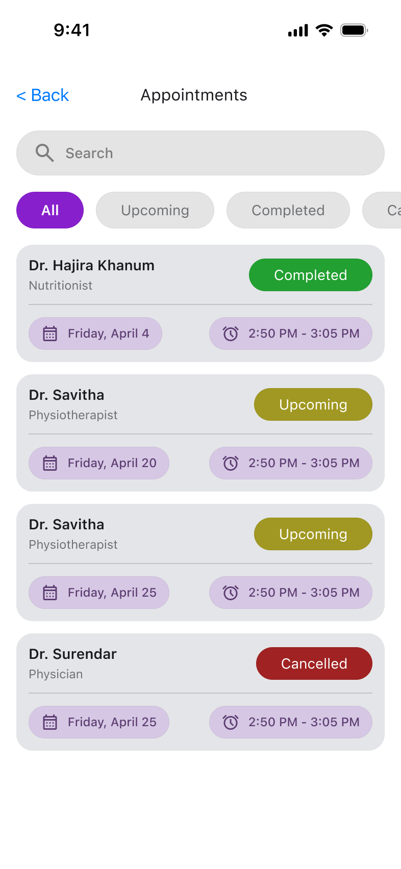 Appointments screen showing completed, upcoming, and cancelled healthcare appointments