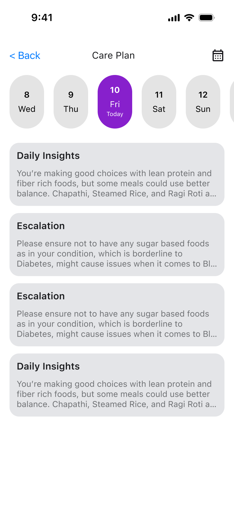 Care Plan screen showing daily insights and health escalations