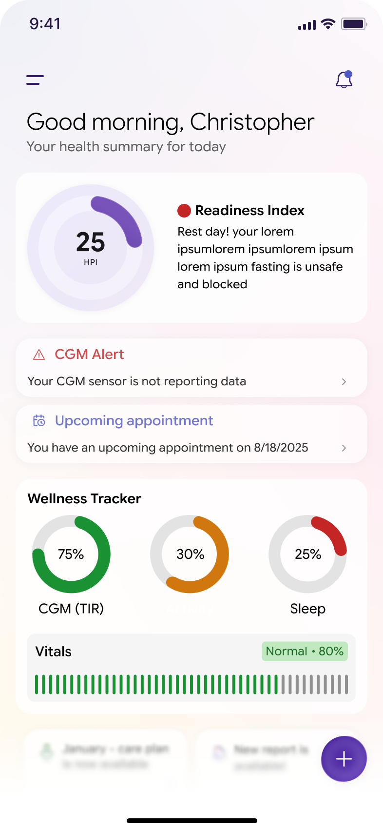 Healthcare dashboard screen showing readiness, alerts, appointments, wellness metrics, vitals, care-plan updates, and reports