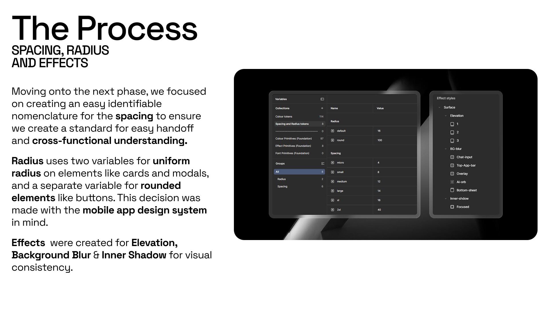 Spacing radius and effects token process for mobile app design system