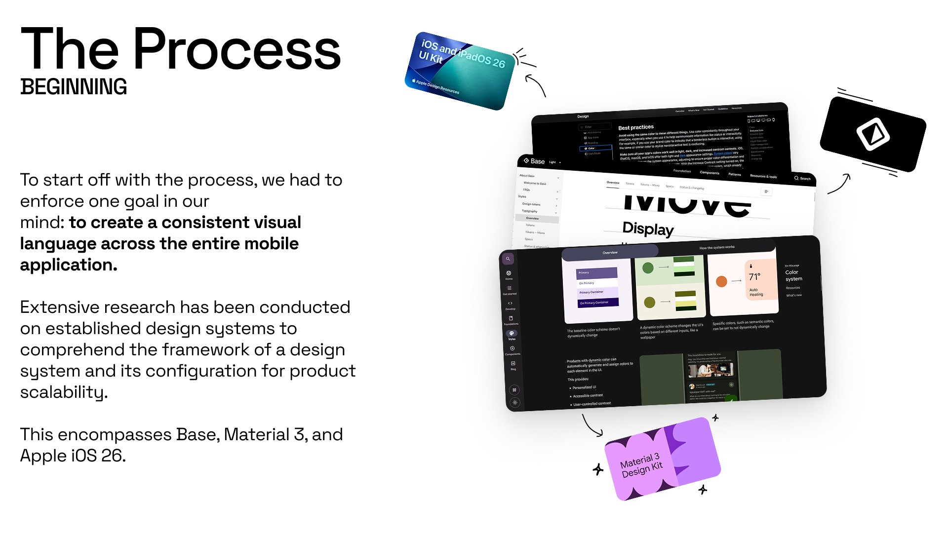 Research beginning for the mobile design system using Base, Material 3, and Apple iOS 26 references