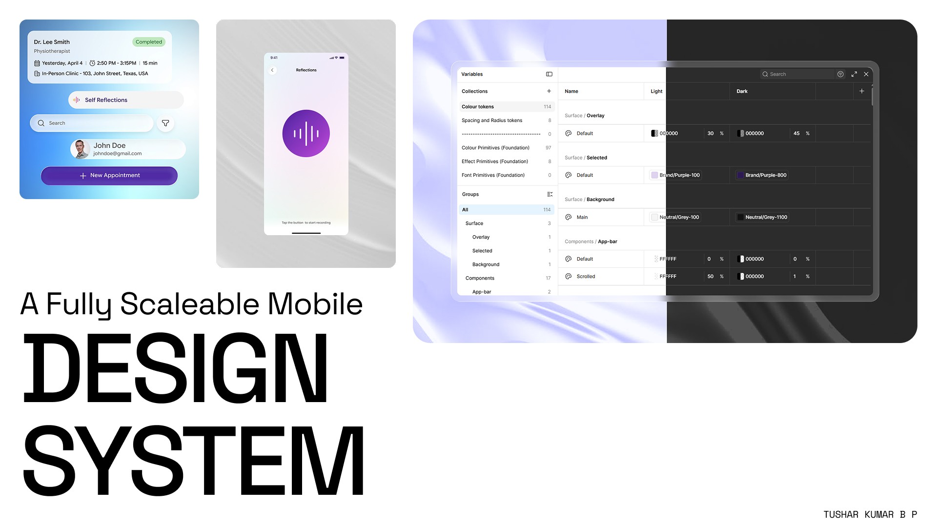 Mobile design system cover showing healthcare app screens and token variables