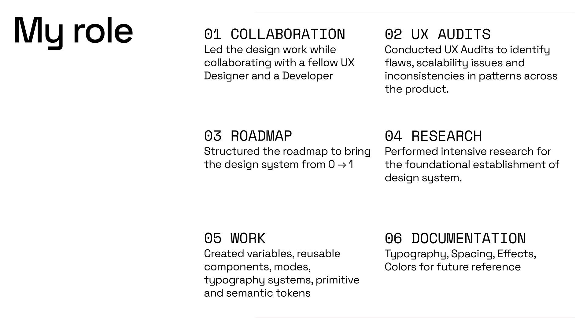 Role breakdown for collaboration, UX audits, roadmap, research, work, and documentation