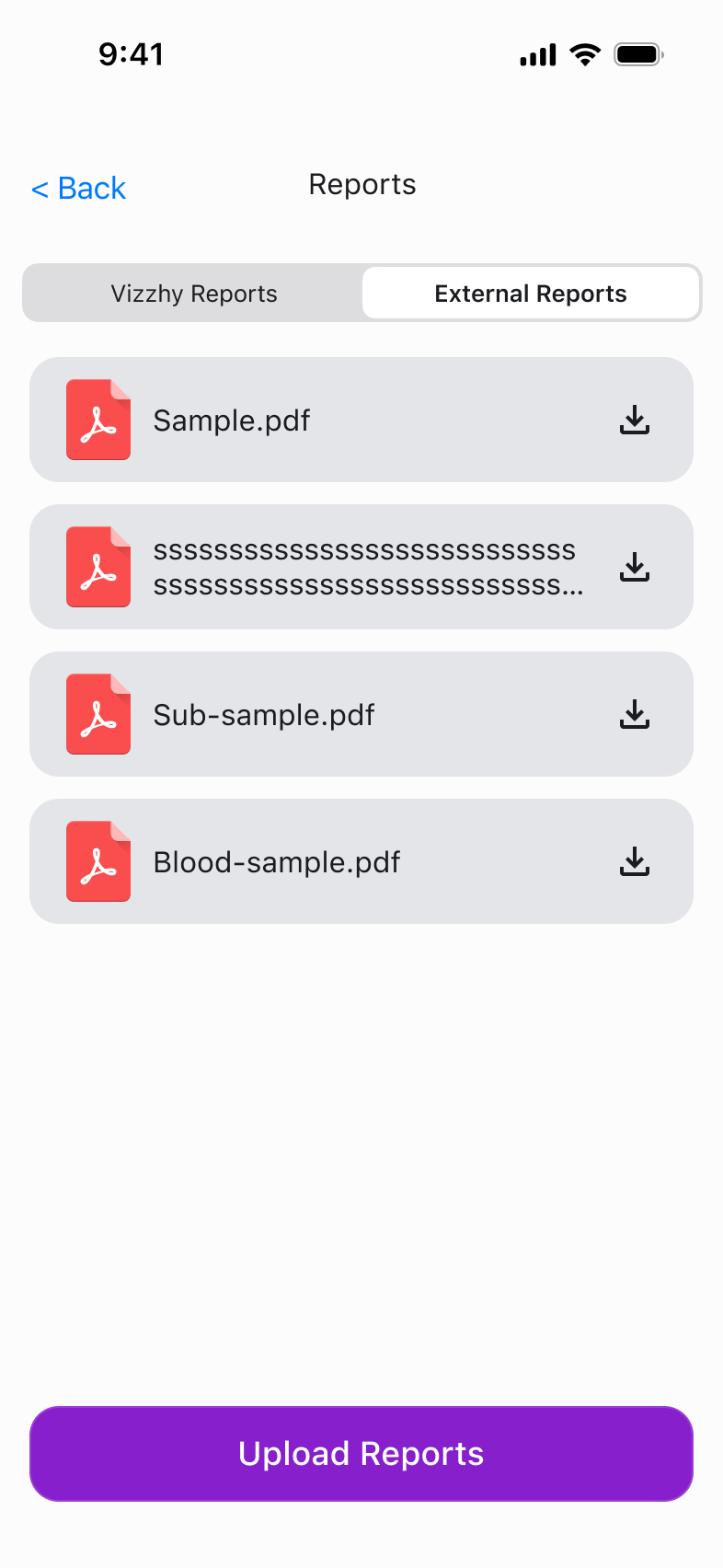 Reports screen showing uploaded healthcare documents